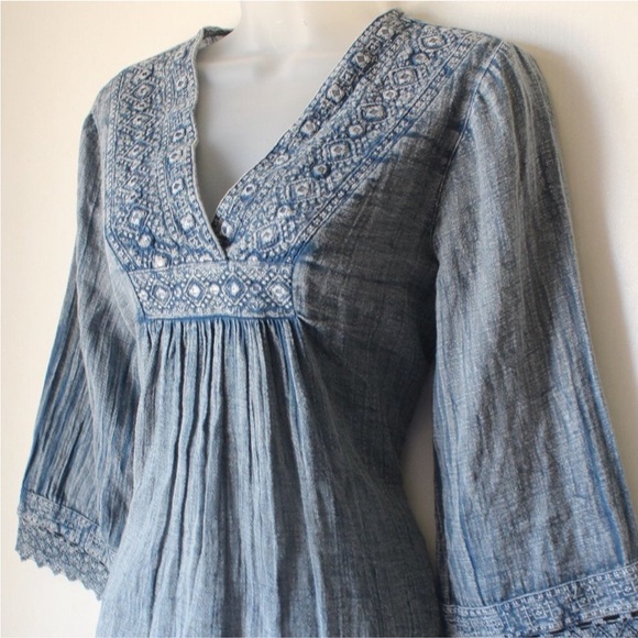 Rachel Zoe Embroidered Chambray Peasant Top Sz L - Picture 3 of 5